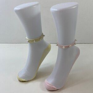 Set Two Womens Pearl-Trimmed Mesh Sheer Ankle Socks Pink Yellow